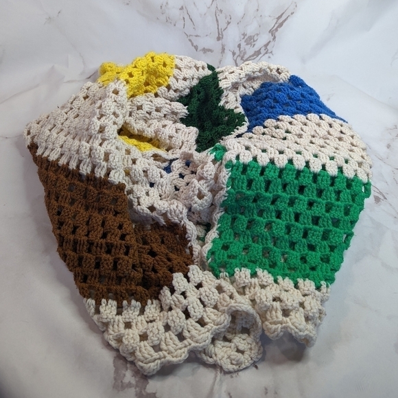 Vintage Crochet Blanket Throw Afghan Retro Brown Yellow Cream Blue Boho Stripe - Picture 8 of 13